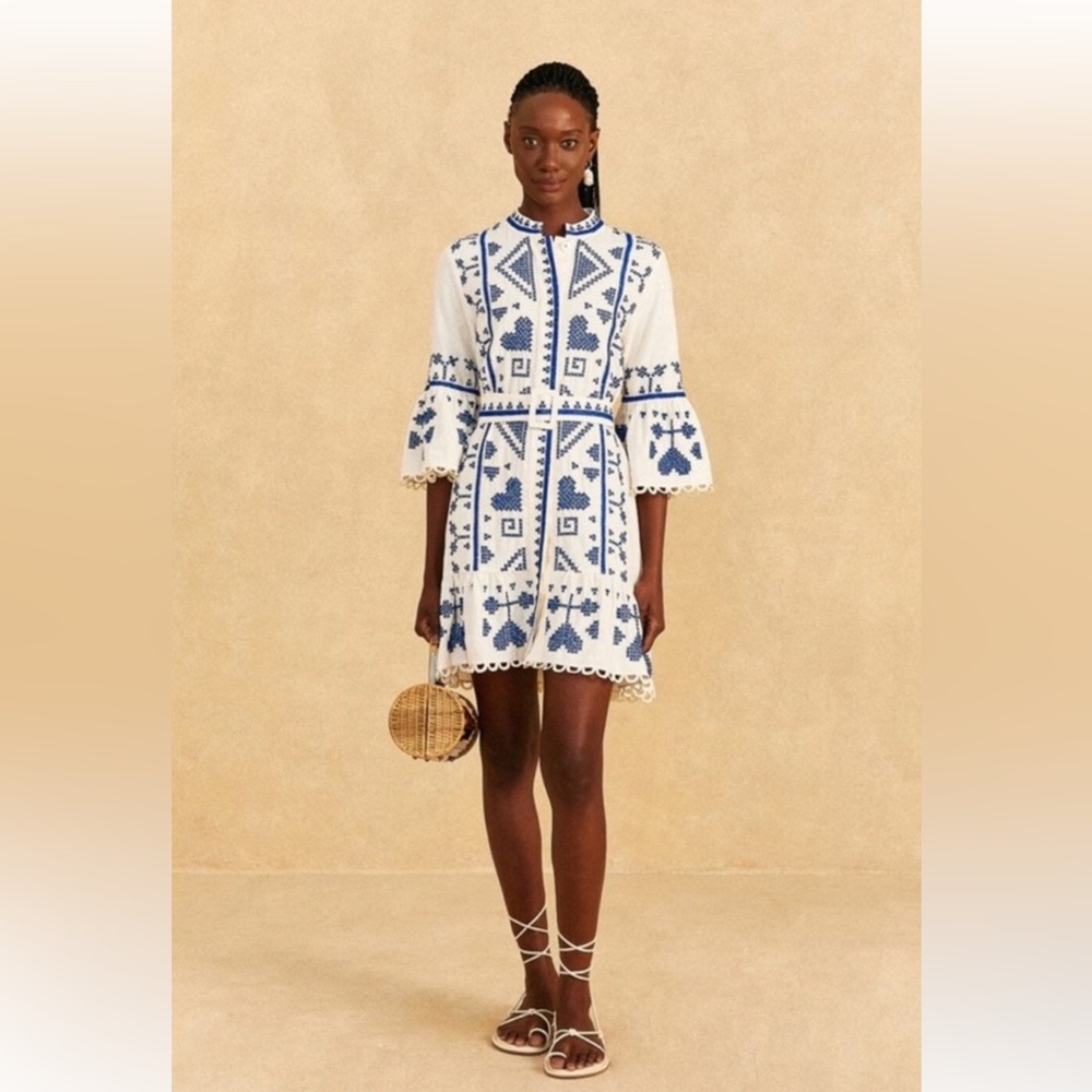 FARM Rio Blue and White Cross Stitch Mini Dress
